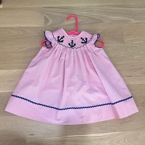 Lil Cactus Pink and White Smocked Nautical Anchor Dress, 6-12 months